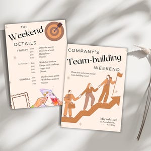 Puede incluir: Una invitación colorida para un fin de semana de team building de empresa. La invitación presenta un gráfico de personas subiendo una escalera con una flecha apuntando hacia arriba. El texto dice "Fin de semana de team building de la empresa" e incluye las fechas "17-19 de mayo" y la dirección "123 Anywhere St., Any City".