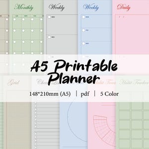 Può includere: Un'agenda digitale A5 stampabile con layout mensili, settimanali e giornalieri. Include sezioni di griglia, note e monitoraggio delle abitudini. Il design utilizza una palette di 5 colori e misura 14,8 cm x 21 cm.