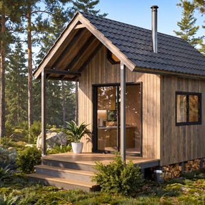 May include: A small wooden cabin with vertical siding, a dark shingled gable roof, and a metal chimney. The structure features a front porch with steps, a glass sliding door, a side window, and a storage area for firewood underneath the base.