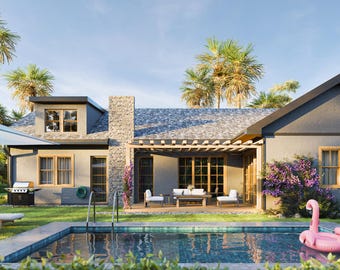 May include: Exterior view of a modern house with a swimming pool. The house has a gray exterior, a stone chimney, and a pergola-covered patio. A pink flamingo pool float is in the pool. Palm trees and a blue sky are in the background.