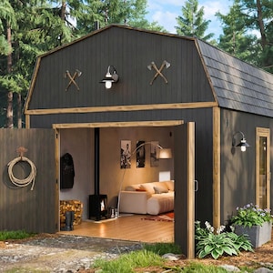 May include: A dark gray barn-style structure with a gabled roof, open doors, and a cozy interior. The exterior features decorative axes and sconce lighting. The interior includes a fireplace, sofa, and artwork, with an outdoor patio area.