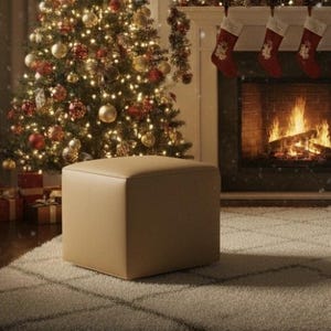 Puede incluir: Una acogedora escena navideña con un árbol decorado, una chimenea con calcetines y un cómodo sillón. Un otomán de tonos neutros se encuentra sobre una alfombra estampada, creando un ambiente festivo cálido y acogedor.