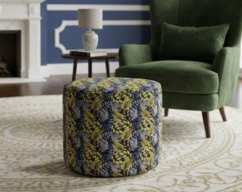 Leaf Pattern Round Pouf – Modern Fabric Ottoman, Cylinder Footstool, Entryway Seating, Handmade Upholstered Stool