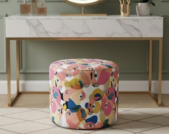 Surreal Pattern Round Pouf – Modern Fabric Ottoman, Accent Footstool, Entryway Seating, Handmade Upholstered Stool