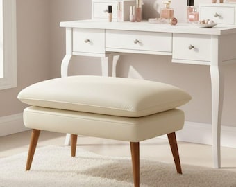 Handmade White Leather Bench – Mid Century Modern Beech Wood Seat