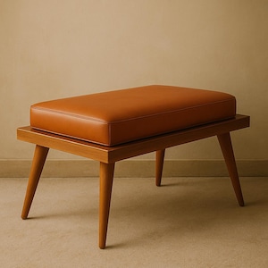 Mid Century Modern Leather Entryway Bench - Upholstered Accent Bench - Handmade Custom Bedroom Seating - Minimalist Hallway Furniture