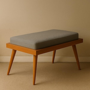 Mid Century Upholstered Bench – Handmade Wooden Entryway Bench with Gray Cushion – Minimalist Accent Furniture for Modern Homes