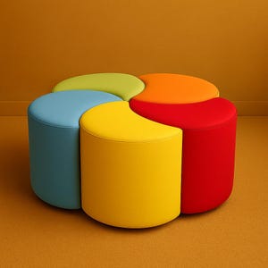 May include: A set of six colorful, cylindrical ottomans arranged in a circular pattern. Each ottoman has a different color: blue, yellow, red, orange, green. The ottomans are made of a smooth, solid material.