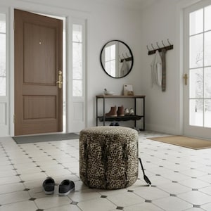 May include: An entryway scene featuring a leopard-print ottoman, a round black mirror, and a dark brown wooden door. The floor is tiled with a black and white pattern. A pair of black shoes sits near the ottoman.
