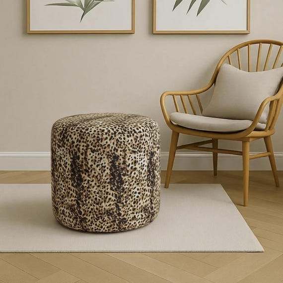 Leopard Print Round Ottoman – Handmade Cylinder Pouf, Modern Animal Print Bench