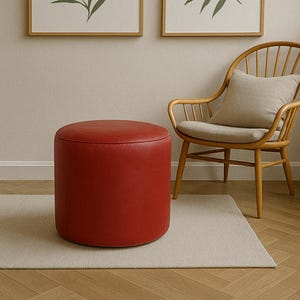 Röd läderpuffottoman – Rund klädd fotpall, moderna accentsittplatser, minimalistisk heminredning