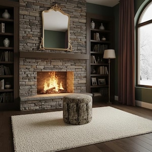 May include: A cozy living room scene featuring a stone fireplace with a roaring fire, flanked by bookshelves. A gold-framed mirror hangs above the mantel. A leopard-print ottoman sits on a cream-colored rug.