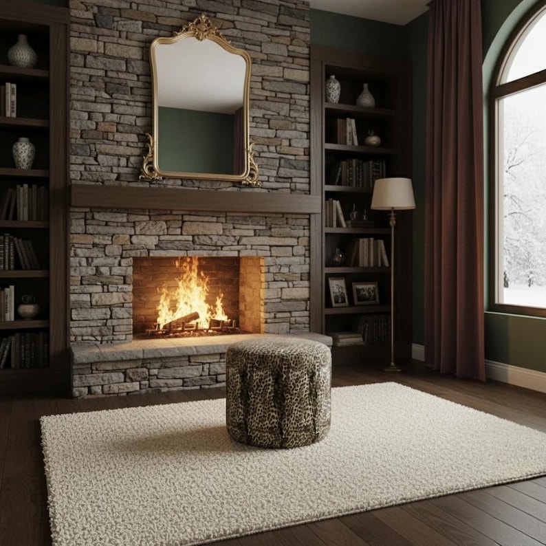 May include: A cozy living room scene featuring a stone fireplace with a roaring fire, flanked by bookshelves. A gold-framed mirror hangs above the mantel. A leopard-print ottoman sits on a cream-colored rug.