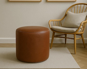 Brown Leather Round Ottoman Pouf – Modern Footstool, Upholstered Accent Seat, Minimalist Living Room Decor