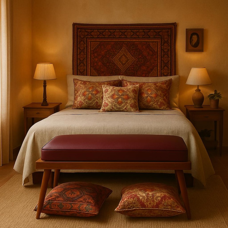 Puede incluir: Un dormitorio con una cama que presenta una cabecera estampada, un banco rojo al pie de la cama y dos cojines de suelo estampados. La cama est&aacute; hecha con un edred&oacute;n de lino blanco y tiene varios cojines estampados en la parte superior.