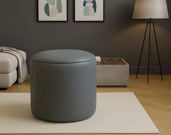 Gray Vegan Leather Round Ottoman: Modern Cylinder Footstool