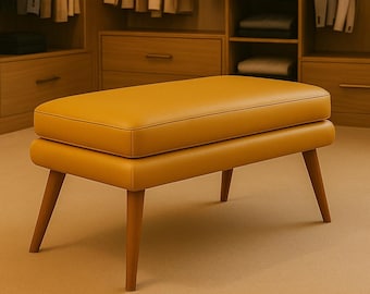 Mustard Yellow Leather Bench: Handmade Mid Century Modern Ottoman
