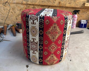 Vintage Kilim Round Ottoman – Handmade Boho Cylinder Pouf, Entryway Seat, Accent Footstool, Upholstered Ottoman