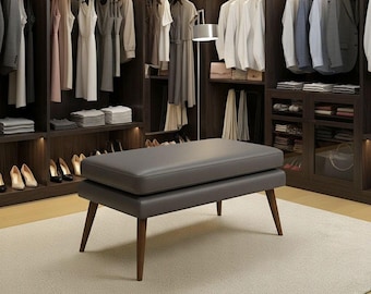 Gray Leather Bench - Handmade Mid-Century Modern Ottoman, Solid Wood Legs