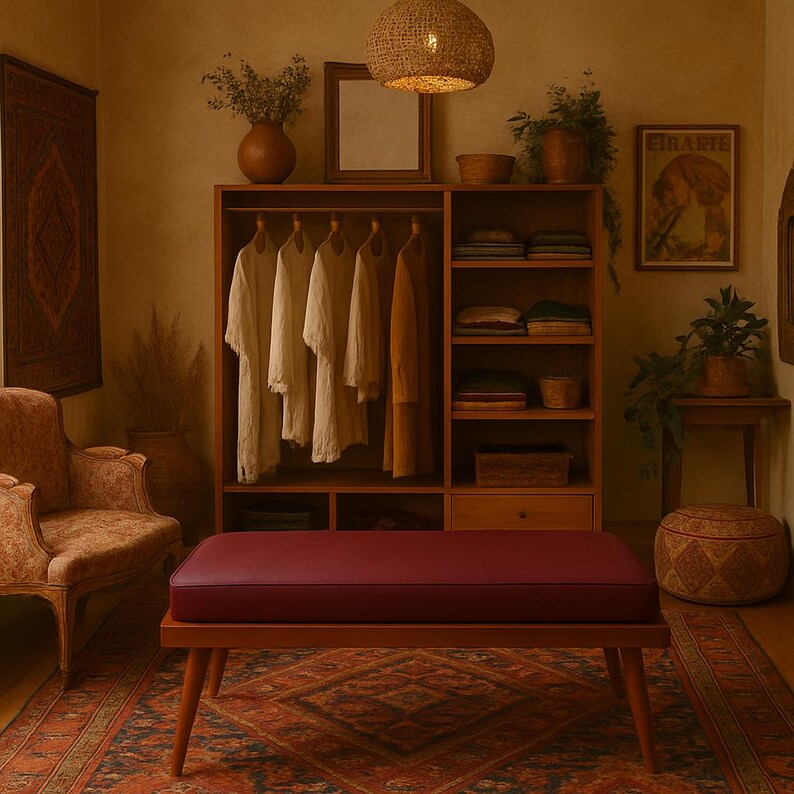 Puede incluir: Un banco de madera con un coj&iacute;n burdeos se encuentra delante de un armario de madera con estantes y ropa colgada. El armario est&aacute; en una habitaci&oacute;n con una alfombra estampada, una silla y una mesa peque&ntilde;a con una planta en maceta.