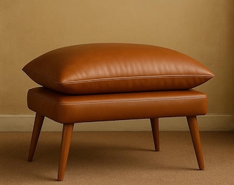 Handmade Brown Faux Leather Ottoman Pouf: Mid-Century Modern Footstool