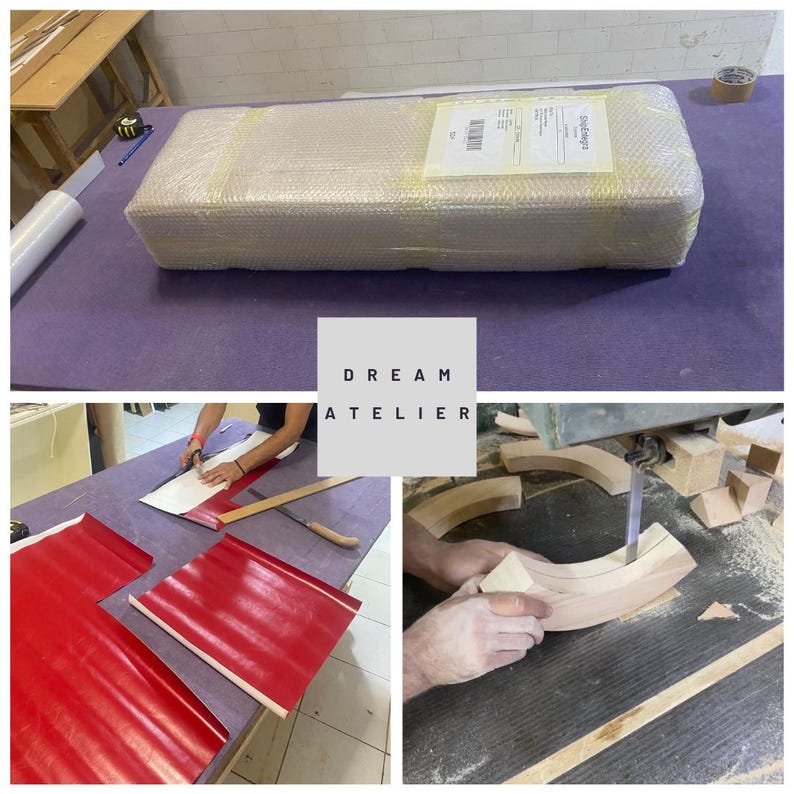 Banco de cuero burdeos de mediados de siglo, hecho a mano: detalle de madera para la entrada imagen 15