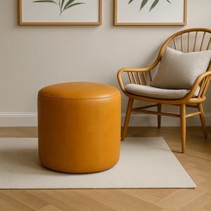 Handmade Round Ottoman Pouf: Minimalist Faux Leather Footrest Stool