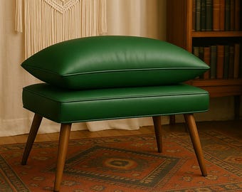 Green Faux Leather Ottoman Bench: Mid Century Modern Footstool