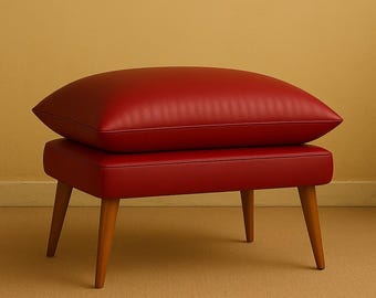 Handmade Red Faux Leather Ottoman: Modern Footstool with Wooden Legs