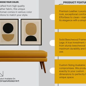 May include: Mustard yellow ottoman with wooden legs, displayed with two framed abstract art prints. The ottoman is crafted from high-quality leather fabric. The text reads "Choose Your Color" and "Product Available On: @DreamAtelierArt".