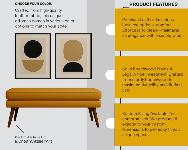 May include: Mustard yellow ottoman with wooden legs, displayed with two framed abstract art prints. The ottoman is crafted from high-quality leather fabric. The text reads "Choose Your Color" and "Product Available On: @DreamAtelierArt".