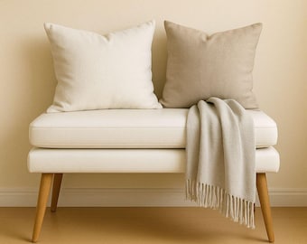 Handmade White Leather Bench – Mid-Century Modern Ottoman, Solid Wood Legs