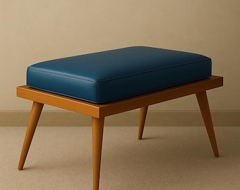 Banco tapizado azul moderno de mediados de siglo, patas de madera maciza, asiento para entrada de dormitorio.