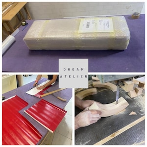 May include: A multi-panel image showing the creation of a furniture piece. The top panel shows a wrapped package. The bottom panels show the cutting of materials and woodworking. The text "DREAM ATELIER" is in the center.