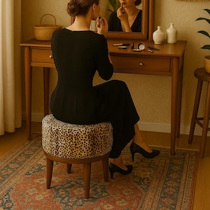 Op de afbeelding: Een vrouw zit op een kruk met luipaardprint voor een spiegel. De spiegel heeft een houten blad en een lade. De kruk heeft houten poten.