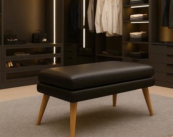 Mid-Century Modern Black Leather Bench: Walnut Wood Legs, Minimalist Seating