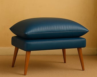 Handmade Blue Leather Pouf Ottoman: Boho Floor Cushion, Modern Accent