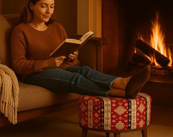 Puf otomano Kilim hecho a mano: Reposapiés tribal rojo, decoración bohemia