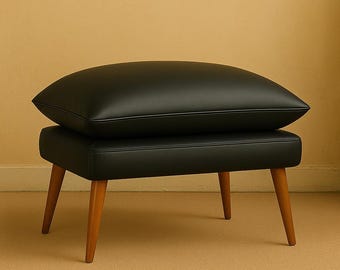 Handmade Black Faux Leather Ottoman Bench: Mid-Century Modern Footstool