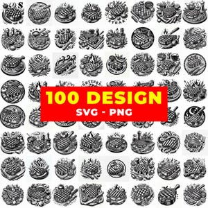 Może przedstawiać: Kolekcja 100 czarno-białych wzorów steków w różnych okrągłych i prostokątnych kompozycjach. Każdy wzór przedstawia grillowany stek z elementami takimi jak warzywa, przybory kuchenne i płomienie. Obraz zawiera tekst "100 DESIGN SVG - PNG" na czerwonym banerze.