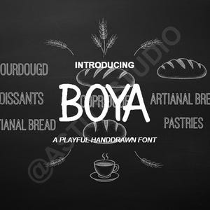 May include: Black and white chalkboard-style graphic with the word "BOYA" in a playful font, surrounded by illustrations of bread, croissants, and a cup of coffee. Text includes "Introducing" and "A Playful Handdrawn Font."