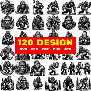 Op de afbeelding: Een verzameling van 120 Bigfoot-ontwerpen in zwart en wit. De afbeeldingen tonen verschillende poses en illustraties van het legendarische wezen, waaronder enkele met accessoires. De ontwerpen zijn beschikbaar in SVG-, EPS-, PDF-, PNG- en JPG-formaten.