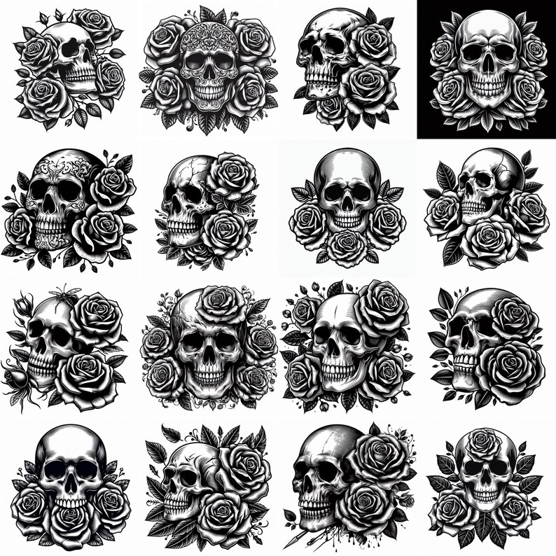 70 Skull and Rose SVG PNG Bundle | Gothic Skull Floral Clipart | Tattoo ...