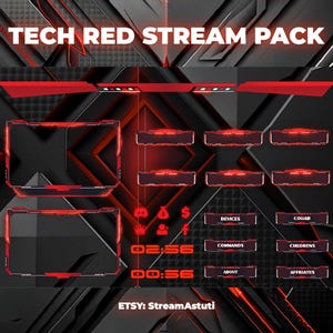 May include: Tech Red Stream Pack overlay for Twitch or YouTube streaming. The pack includes a main screen, a webcam frame, and several panels for social media, donations, and other information. The design features a black and red color scheme with a futuristic, tech-inspired look.