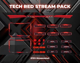 Tech Red Animated Stream Overlay Pack: Twitch, Kick, YouTube