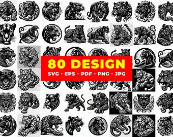 Op de afbeelding: Een verzameling van 80 zwart-witte panterontwerpen. De afbeelding bevat verschillende panterillustraties, waaronder hoofden, volledige lichaamshoudingen en cirkelvormige emblemen. De tekst "80 DESIGN" wordt weergegeven in een rode rechthoek.