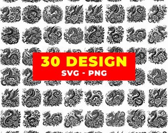 May include: A collection of 30 black and white dragon designs in a circular format. Each dragon is intricately detailed, surrounded by floral elements. The designs are presented on a white background, with a red rectangle that reads "30 DESIGN SVG - PNG".