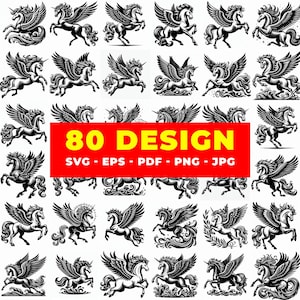80 Pegasus Tribal Engraving SVG Bundle | Mythical Horse Laser Cut Files | Flying Horse Tattoo Art for Cricut & CNC Projects