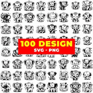 May include: A collection of 100 monochrome elephant designs in diverse poses and styles. The designs are arranged in a grid, with a red banner across the centre reading "100 DESIGN SVG - PNG".