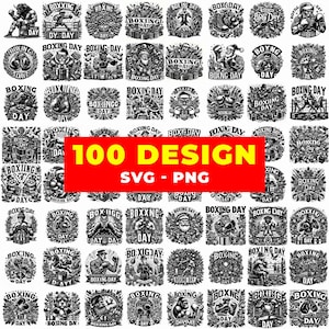 Puede incluir: Una colección de 100 diseños en blanco y negro con temática de boxeo. Cada diseño presenta guantes de boxeo, boxeadores o imágenes relacionadas, con las palabras "Boxing Day" y "SVG - PNG". Los diseños están dispuestos en una cuadrícula.